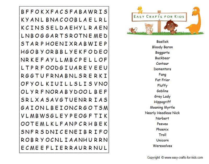 Harry Potter creatures word search