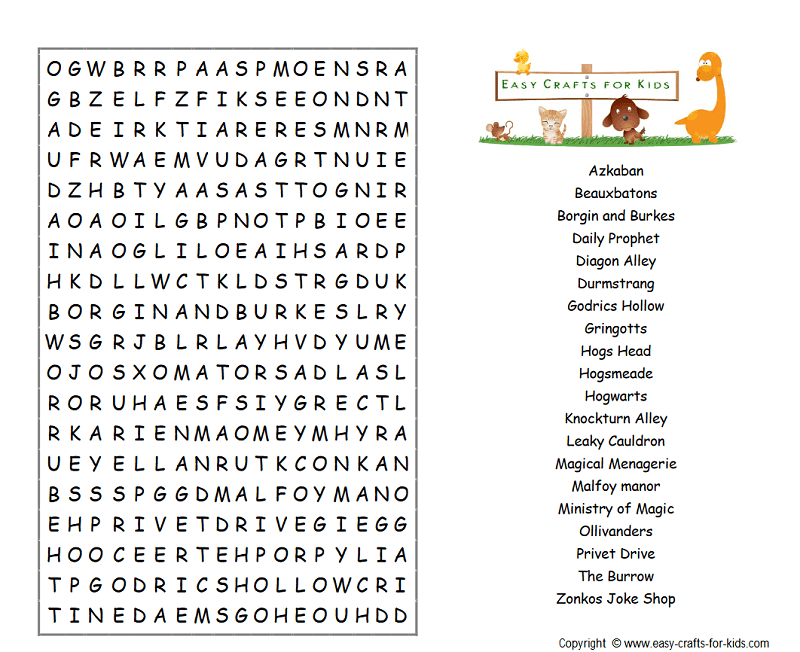 Harry Potter places word search