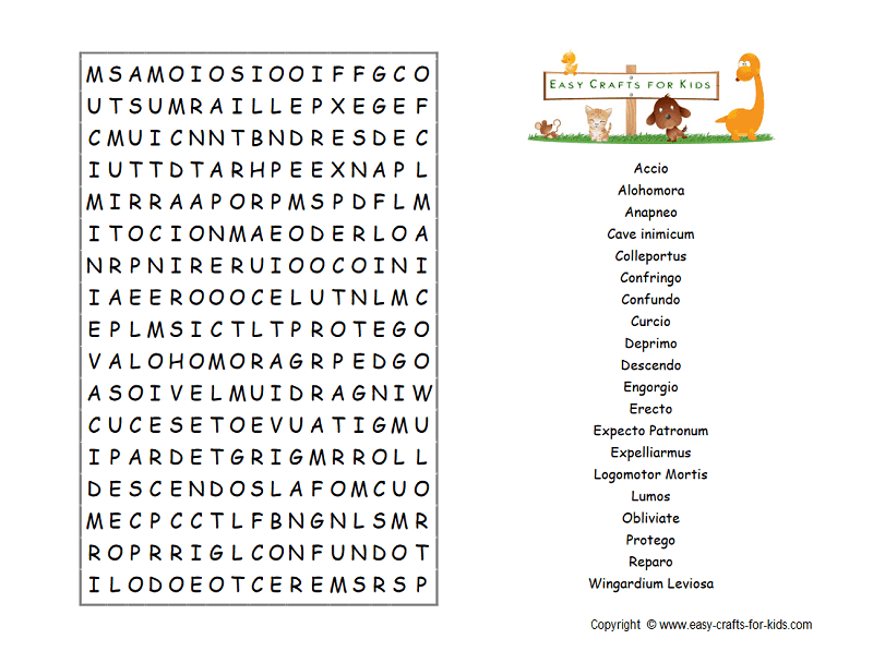 Harry Potter spells word search