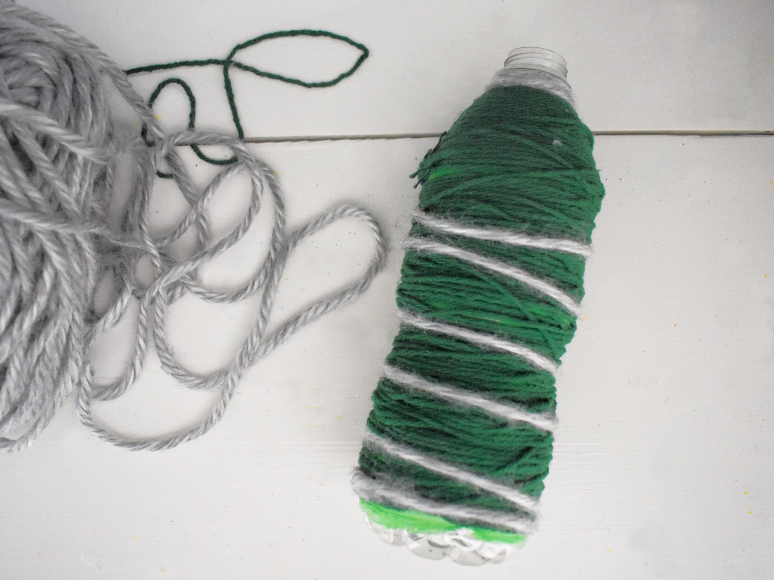 water bottle christmas tree silver yarn wrap