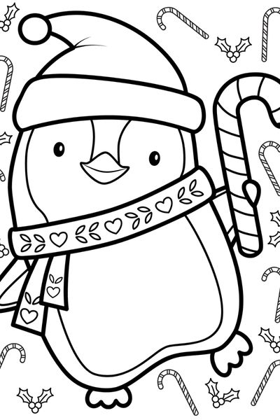 Penguin Candy Cane Coloring Page