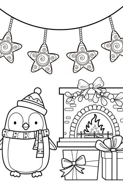 Penguin Christmas Coloring Page for Girls