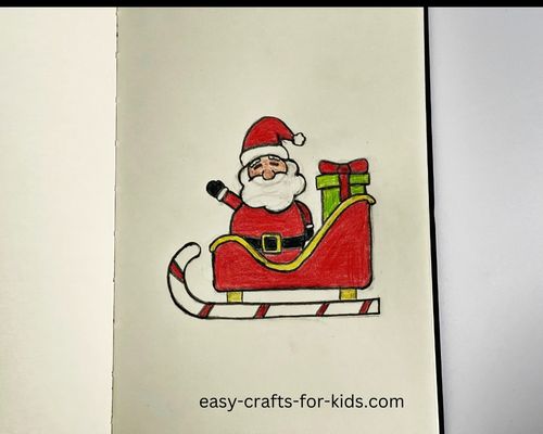 how to draw Santa on a sleigh in color